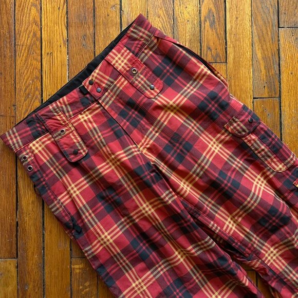 Burton Cargo Snowboard Ski Pants Men Small Plaid Red Yellow Black Ski Waterproof - Picture 2 of 8